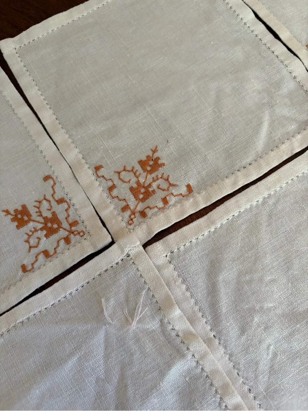 Set of 6 Off White Linen Cocktail Napkins Embroidered Corner